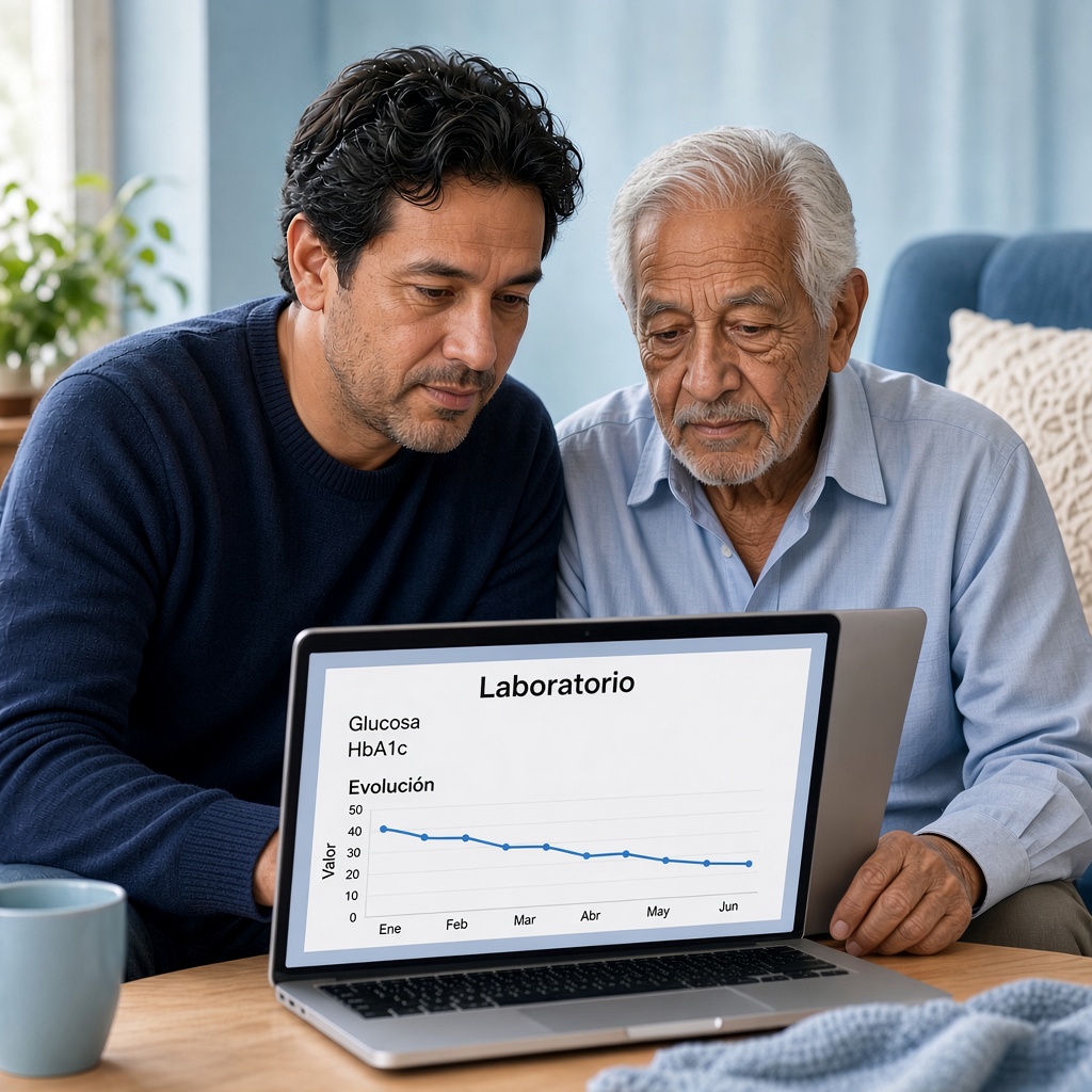Un paciente y su padre miran la evolución del laboratorio